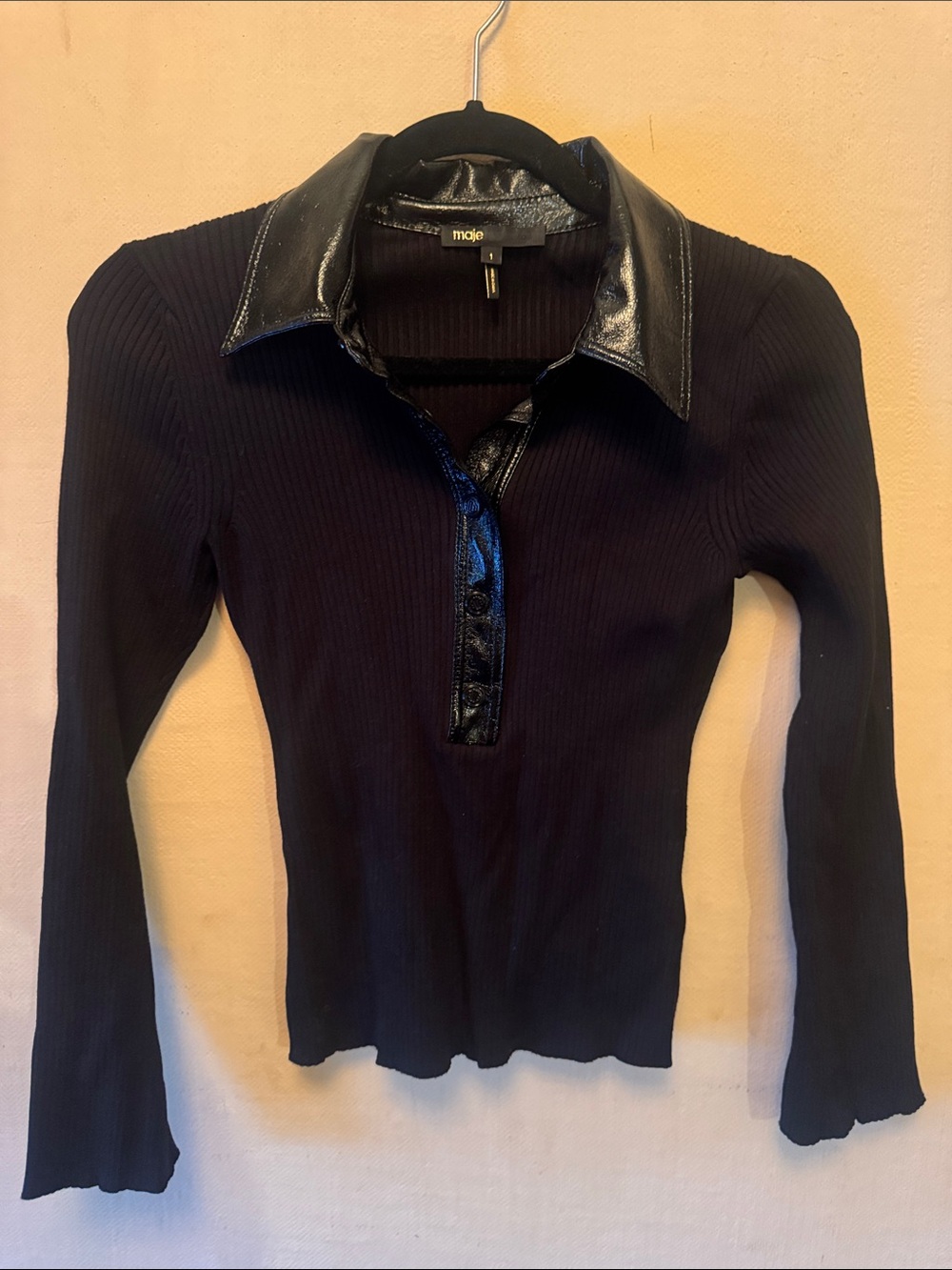 Maje Black Ribbed Long Sleeve Top with Shiny Collar